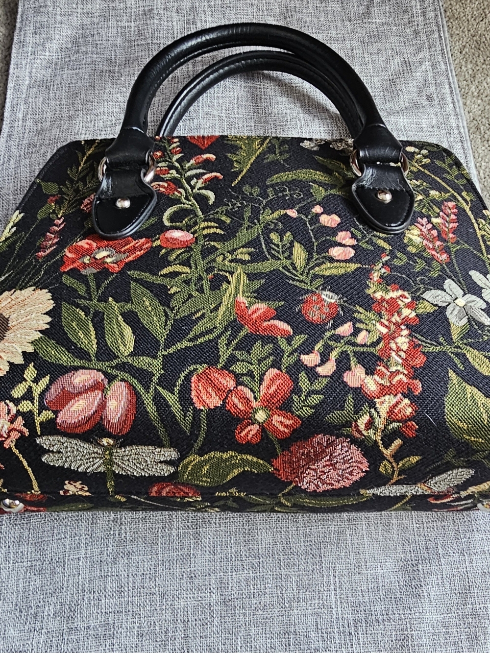 Floral Tapestry Satchel Handbag - Black with Red & Green Accents